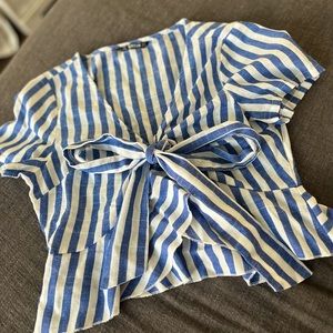 SHEIN- small white and blue tied blouse